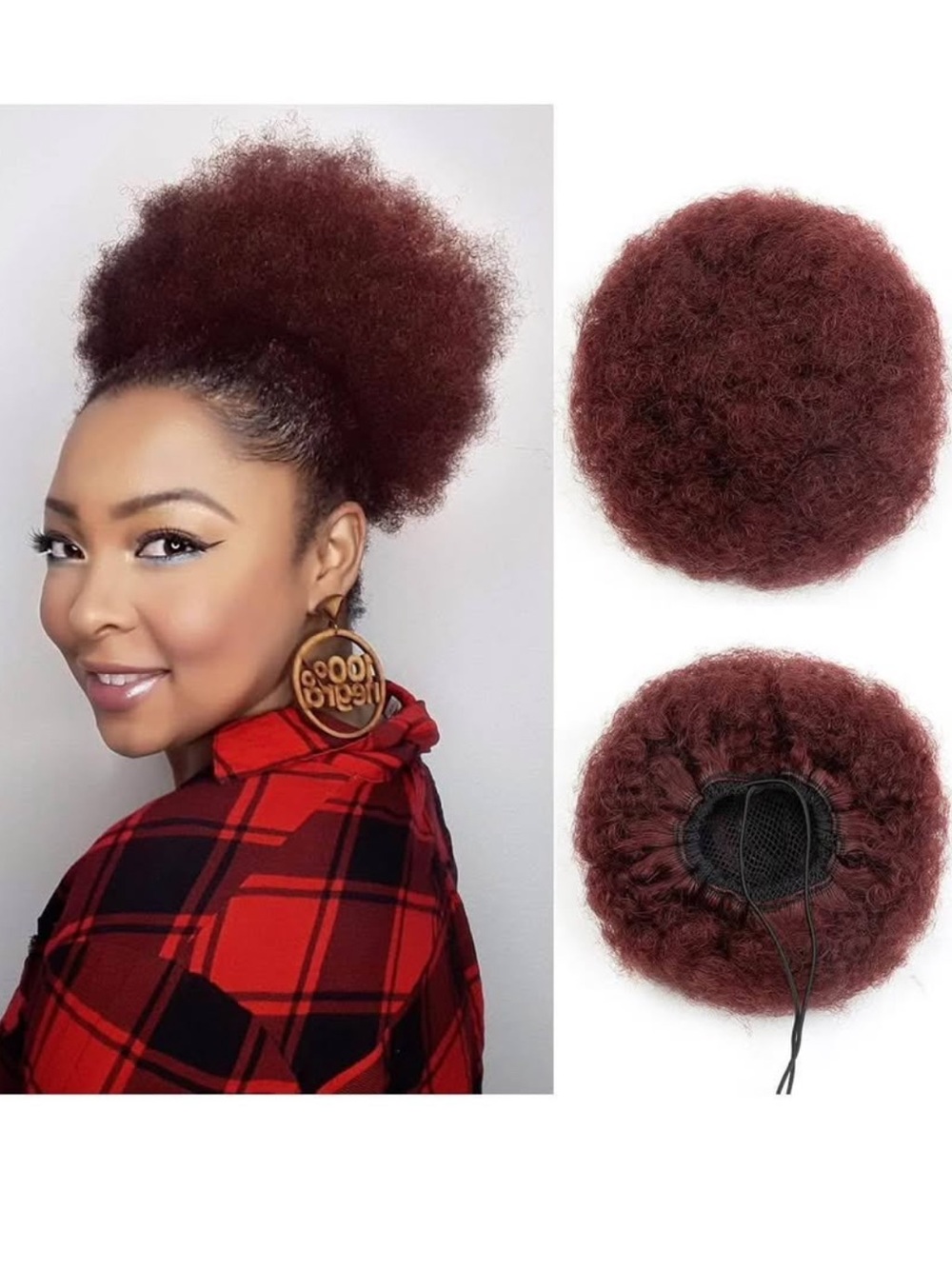 Burgundy Afro Puff Hair Bun - Drawstring Synthetic Hairpiece